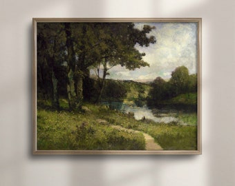 Vintage River Landscape Painting: Countryside Farmhouse Wall Decor