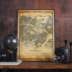 Póster de mapa vintage de Burnaby, arte de pared, impresión de arte urbano, decoración del hogar antigua, rústica y de estilo antiguo, impresiones de Columbia Británica, regalo, M329