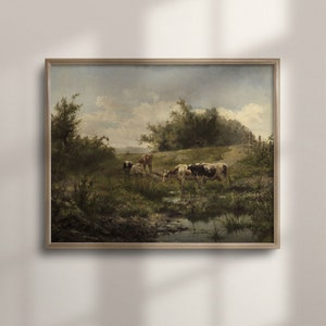 Vintage Cow Painting: Rustic Farm Landscape Art Print