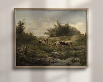 Vintage Cow Painting: Rustic Farm Landscape Art Print