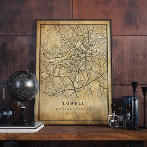 Lowell Vintage Karte Poster Wandkunst | Kunstdruck | Antike, rustikale, alte Stil Wohnkultur | Massachusetts Drucke Geschenk | VM263