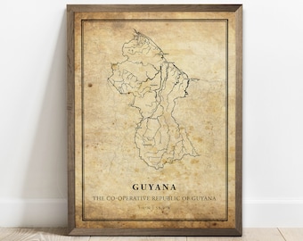 Guyana vintage map poster print, country street road map wall art, country map, country map, C15-50
