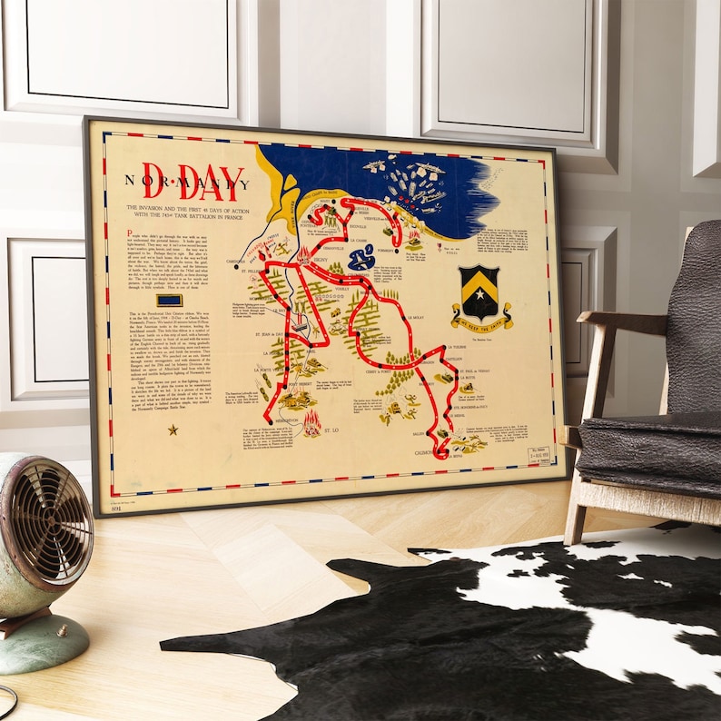 Puede incluir: Un mapa vintage de la invasi&oacute;n del D&iacute;a D en Normand&iacute;a, Francia. El mapa muestra las playas de desembarco, los movimientos de las tropas y las ubicaciones clave de la batalla. El mapa est&aacute; en colores rojo, blanco y azul e incluye el texto "D-Day: The Invasion and the First 3 Days of Action with the New-Tank Battalion in France."