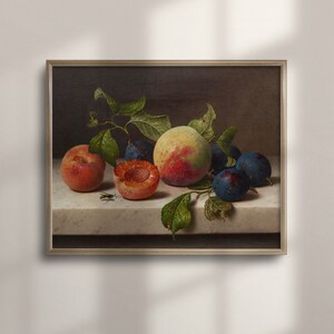 Vintage Fruit Still Life Oil Painting: Peaches and Plums Kitchen Decor