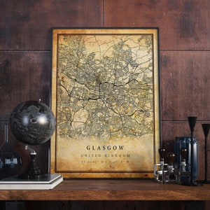 Glasgow Vintage Map Poster Wall Art | City Artwork Print | Antique, rustic, old style Home Decor | United Kingdom prints gift | M467