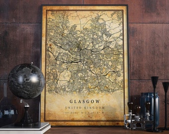 Glasgow Vintage Map Poster Wall Art / City Artwork Print / Antico, rustico, vecchio stile Home Decor / Regno Unito stampa regalo / M467