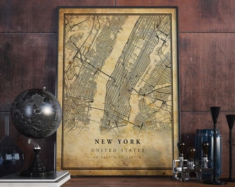New York Vintage Map Poster Wall Art | City Artwork Print | Antique, rustic, old style Home Decor | United States prints gift | VM1