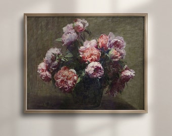 Vintage Peony Painting: Spring Floral Wall Art, Farmhouse Decor