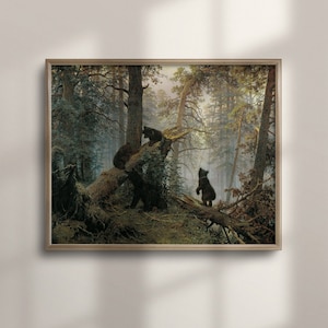 Baby Bär Wald Kunst, Vintage Tier Malerei, rustikale Kinderzimmer Dekor, Bär Jungtier Wandkunst, antike Landschaft, Cottage Bauernhaus, C16-485