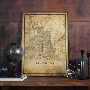 Póster de mapa vintage de Beaumont, arte mural, impresión de arte urbano, decoración del hogar antigua, rústica y de estilo antiguo, impresiones de Texas, regalo, VM233