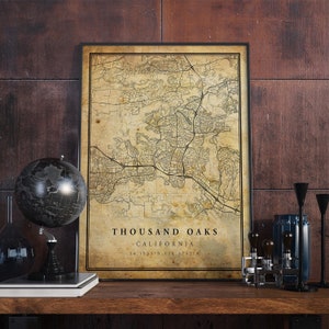 Póster de mapa vintage de Thousand Oaks, arte de pared, impresión de arte urbano, decoración del hogar antigua, rústica y de estilo antiguo, impresiones de California, regalo, VM212