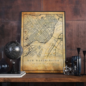 Art mural affiche de carte vintage de New Westminster | Illustration détaillée de la ville | Décoration d'intérieur antique, rustique et de style ancien | Estampes de la Colombie-Britannique | M388