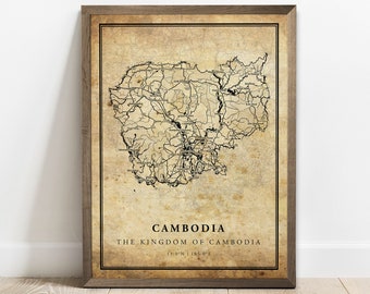 Vintage Cambodia Map Print: Country Road Wall Art