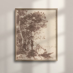 Vintage Landscape Etching: Neutral Abstract Nature Sketch