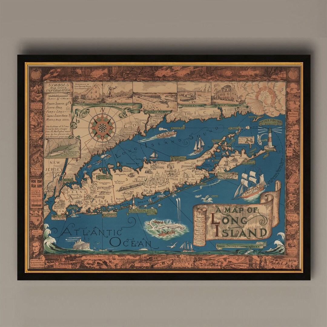 Map of Long Island Classic Pictorial Historic Map, 1933. Vintage