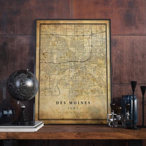 Des Moines carte vintage Poster Wall Art | Impression d'œuvres d'art de la ville | Décoration d'intérieur antique, rustique et de style ancien | Iowa imprime un cadeau | VM102