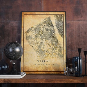 Wirral vintage kaart poster kunst aan de muur | Stadskunstwerk afdrukken | Antieke, rustieke, oude stijl Home Decor | Verenigd Koninkrijk prenten geschenk | M476