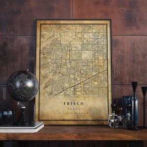 Affiche vintage de carte de Frisco, art mural | Impression d'oeuvres d'art de la ville | Décoration d'intérieur antique, rustique et de style ancien | Cadeau imprimé Texas | VM157
