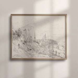 Vintage French Countryside Sketch, Antique Landscape Wall Art, Beige Muted Colors Poster, McGee and Co Inspired, C16-642