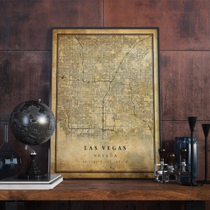 Affiche de carte vintage de Las Vegas Art mural | Impression d'œuvres d'art de la ville | Décoration d'intérieur antique, rustique et de style ancien | Cadeau d'impressions du Nevada | VM28