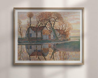 Op de afbeelding: Een ingelijst landschapsschilderij met een huis tussen kale bomen bij een waterkant. De scène bevat zachte oranje, bruine en blauwe tinten met een duidelijke reflectie van het gebouw en de bomen zichtbaar in het kalme water eronder.