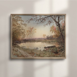 Rustikale Herbst-See-Landschaft, Vintage-inspirierte Herbst-Dekor-Wandkunst, Bauernhaus-Stil, neutrale Töne, antike Kunstwerk-Reproduktion, C16-711