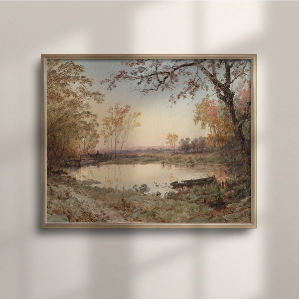 Rustic Autumn Lake Landscape, Vintage Inspired Fall Decor Wall Art, Farmhouse Style, Neutral Tones, Antique Artwork Reproduction, C16-711