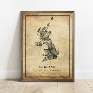 Impression d'affiche de carte vintage d'Angleterre, art de mur de carte de route de rue de pays, carte de pays, décor de pays, C15-87