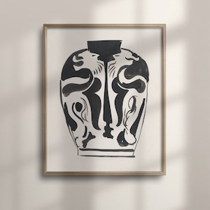 Arte de jarrón antiguo, decoración de pared en blanco y negro vintage, cartel minimalista, boceto de jarrón, impresión de arte díptico, C16-1371