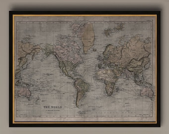 Puede incluir: Una impresión vintage de un mapa del mundo en un marco negro con un paspartú dorado. El mapa está impreso en papel texturizado con un aspecto descolorido. El mapa muestra los continentes del mundo con las fronteras y los nombres de los países. El título "THE WORLD" está impreso en la parte inferior del mapa.