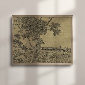 Large Panoramic Botanical Sketch, Moody Landscape Art, Horizontal Long Art for Bedroom, Above Bed Wall Decor, C16-254