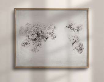 Antique Flower Sketch Print: French Country Botanical Wall Art