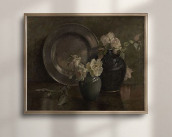 Moody Floral Still Life Oil Painting: Dark Academia Wall Art