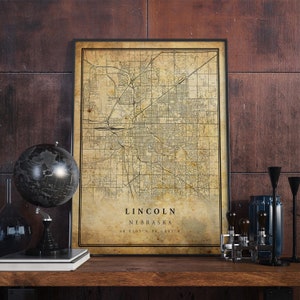 Póster de mapa vintage de Lincoln, arte de pared, impresión de arte urbano, decoración del hogar antigua, rústica y de estilo antiguo, impresiones de Nebraska, regalo, VM71