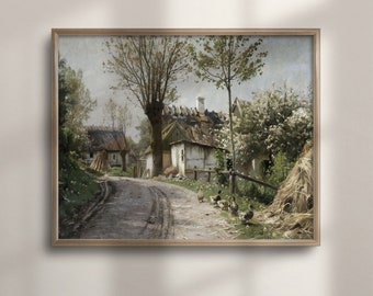 Vintage Farmhouse Oil Painting: Country Road Cottage Art