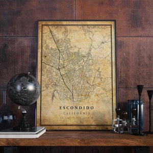 Póster de mapa vintage de Escondido, arte de pared, impresión de arte urbano, decoración del hogar antigua, rústica y de estilo antiguo, impresiones de California, regalo, VM172