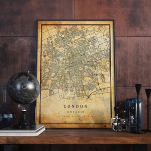 Póster de mapa vintage de Londres, arte mural, impresión de arte urbano, decoración del hogar antigua, rústica y de estilo antiguo, impresiones de Ontario, regalo, M322
