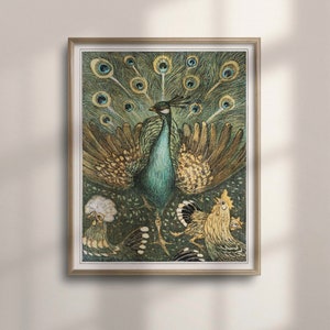 Cartel de pavo real vintage, arte de pared botánico, ilustración de pavo real, regalo de amantes de las aves, impresión de ornitología, decoración de cocina, cartel de aves, C16-1267