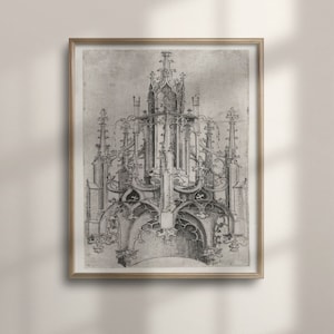 Antique Italian Architecture Sketch Art, Vintage Ornamental Etching, Gothic Wall Decor, Dark Academia Poster, C16-791