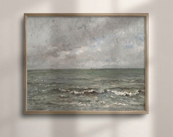 Vintage Seascape Oil Painting: Neutral Coastal Wall Art