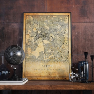 Perth Vintage Map Poster Wall Art | City Artwork Print | Antique, rustic, old style Home Decor | Western Australia prints gift | M410