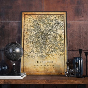 Sheffield Vintage Map Poster Wall Art | City Artwork Print | Antique, rustic, old style Home Decor | United Kingdom prints gift | M468