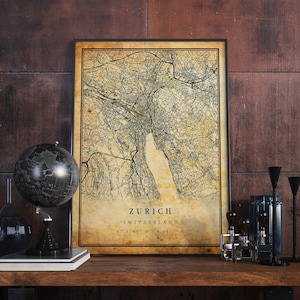 Póster de mapa vintage de Zúrich, arte mural, impresión de arte urbano, decoración del hogar antigua, rústica y de estilo antiguo, impresiones de Suiza, regalo, M715