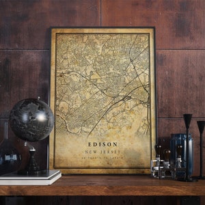 Póster de mapa vintage de Edison, arte mural, impresión de arte urbano, decoración del hogar antigua, rústica y de estilo antiguo, impresiones de Nueva Jersey, regalo, VM298