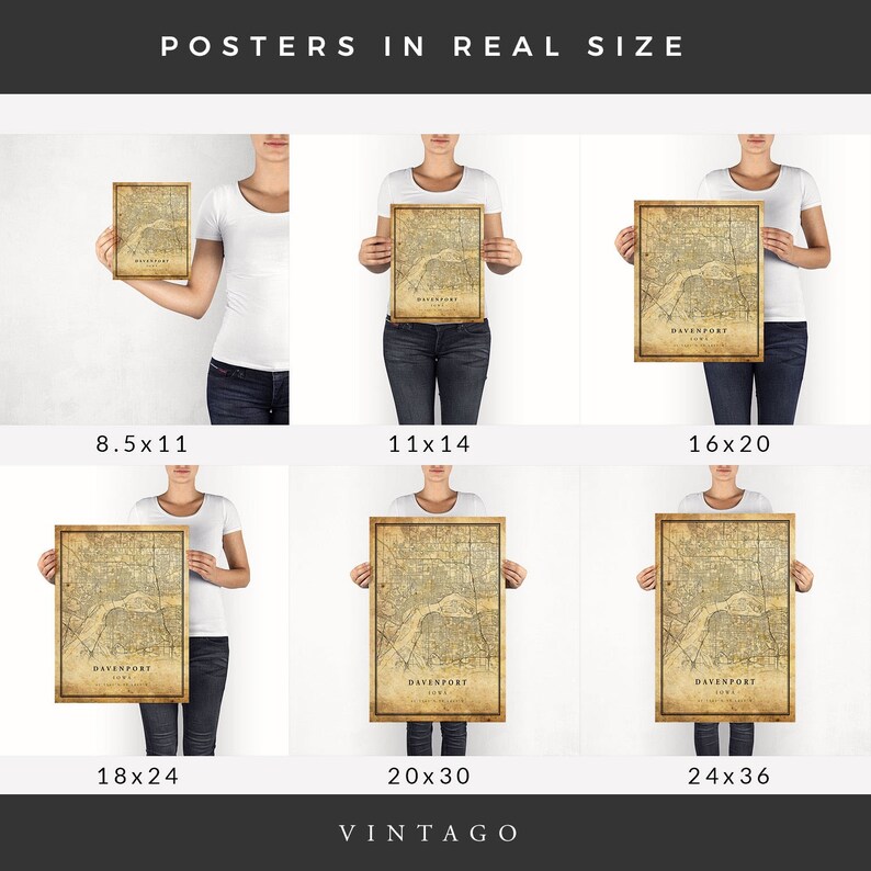 Antique rustic Davenport Vintage Map Poster Wall Art Iowa prints gift old style Home Decor VM296 City Artwork Print