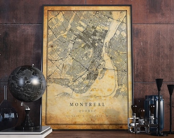 Art mural d'affiche de carte vintage de Montréal | Impression d'œuvres d'art de la ville | Décoration d'intérieur antique, rustique et de style ancien | Cadeau d'estampes du Québec | M309