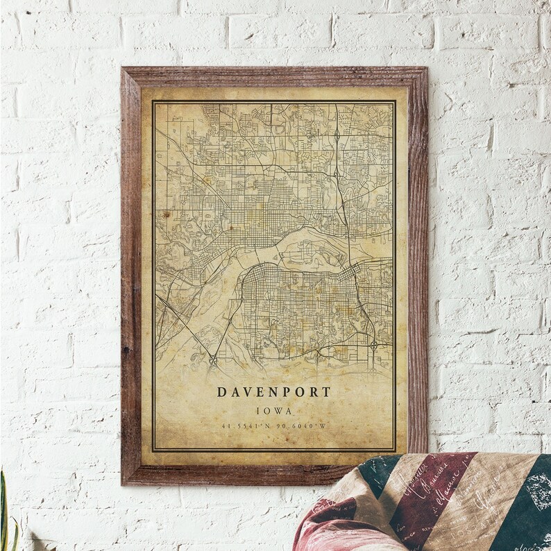 Antique rustic Davenport Vintage Map Poster Wall Art Iowa prints gift old style Home Decor VM296 City Artwork Print