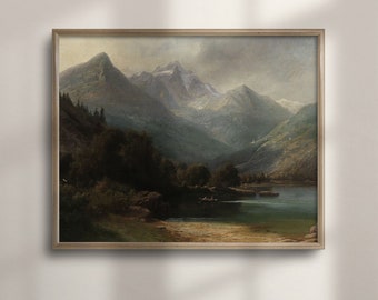 Antique Mountain Landscape Painting: Rustic Cottagecore Wall Art