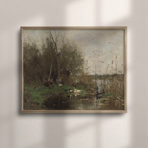 Vintage Duck Pond Art Print: Rustic Farmhouse Landscape Painting