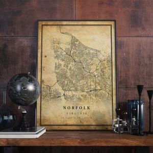 Affiche vintage de carte de Norfolk, art mural | Impression d'oeuvres d'art de la ville | Décoration d'intérieur antique, rustique et de style ancien | Cadeau imprimé Virginia | VM88